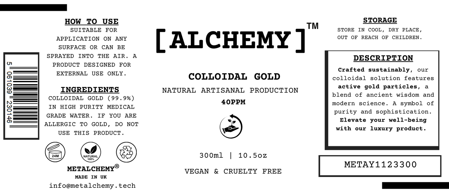Colloidal Gold Artisanal Natural Refill 40 PPM 300ml Made in the UK