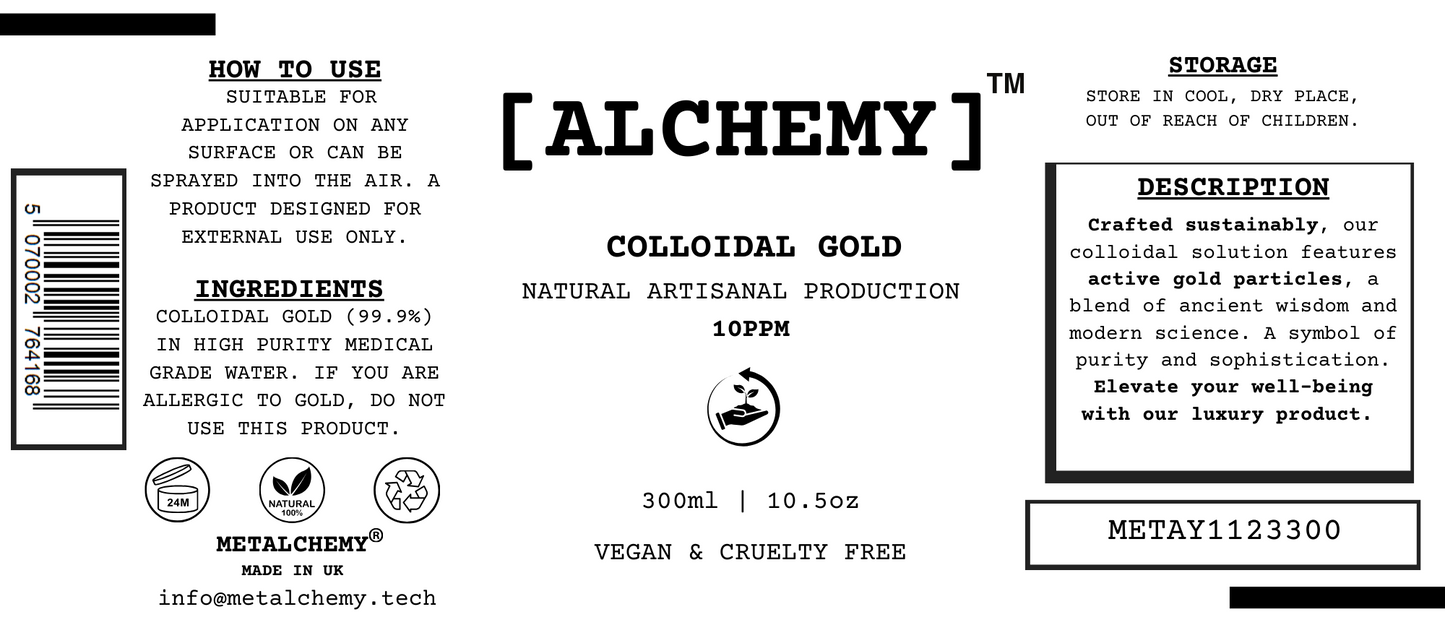 Colloidal Gold Artisanal Natural Refill 10PPM 300ml Made in the UK